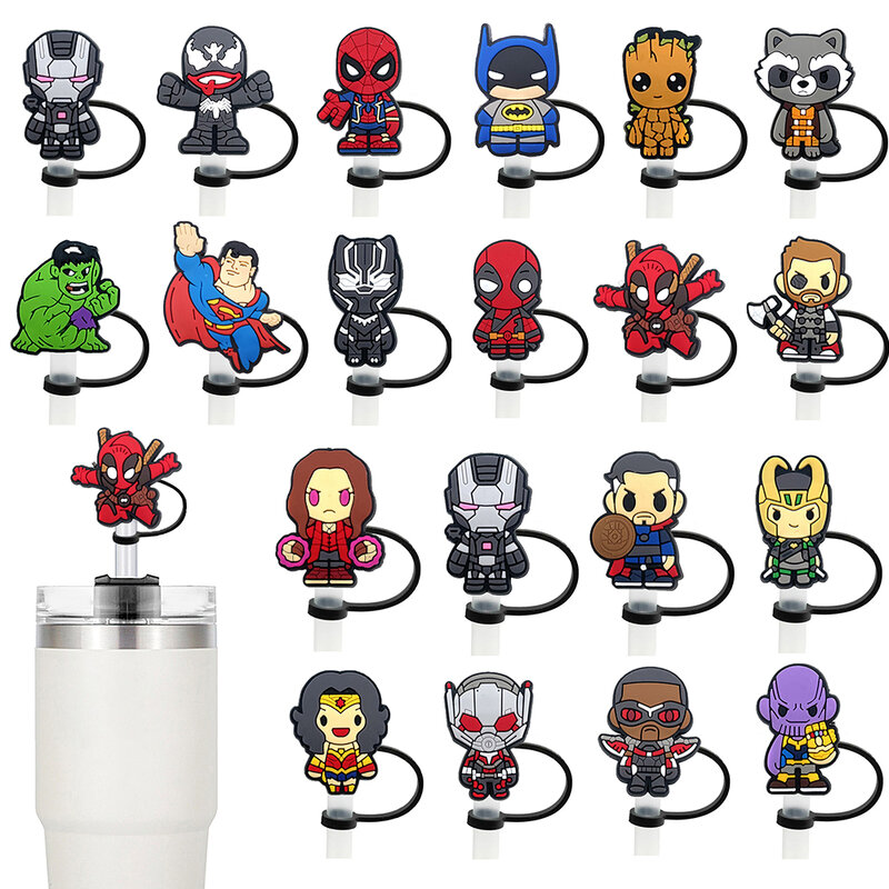 Mainan laris Marvel The Avengers SuperHero penutup sedotan penutup sedotan minuman Plug jerami dapat digunakan kembali tahan percikan cangkir minum Aksesori Topi Jerami