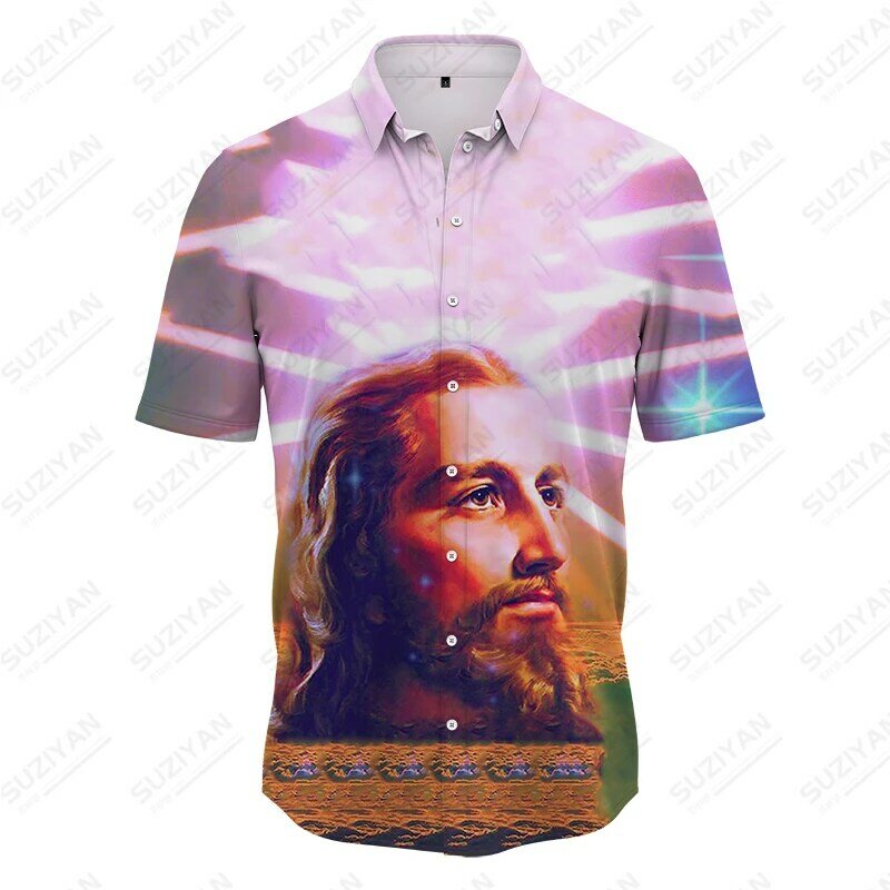 Camisa masculina Jesus cristã estampada em 3D, floral religiosa, estilo casual, tendência da moda, roupas de praia, compras tropicais, verão