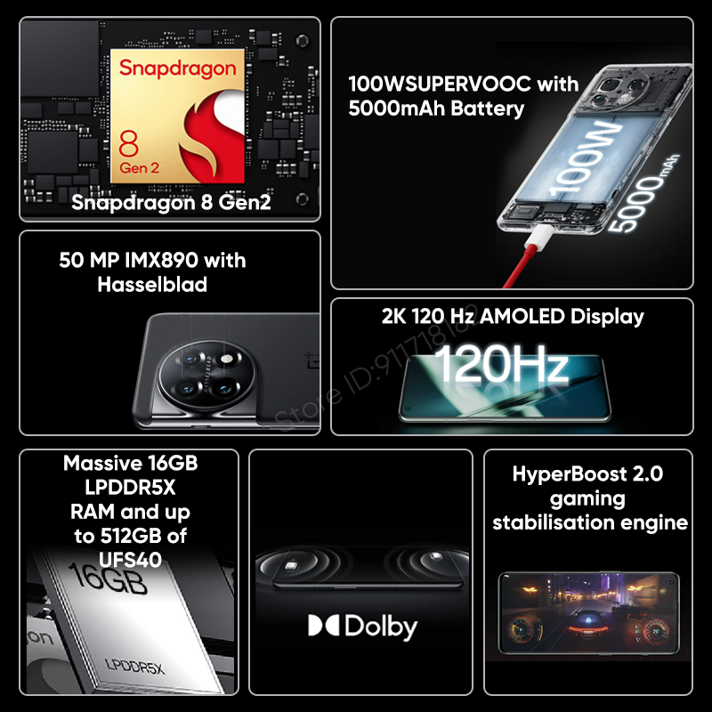 Sbloccato Neto OnePlus 11 5G Global Rom 16GB 256GB Snapdragon 8 Gen 2 6.7 "120Hz AMOLED Display 100W SUPERVOOC Charge 5000mAh