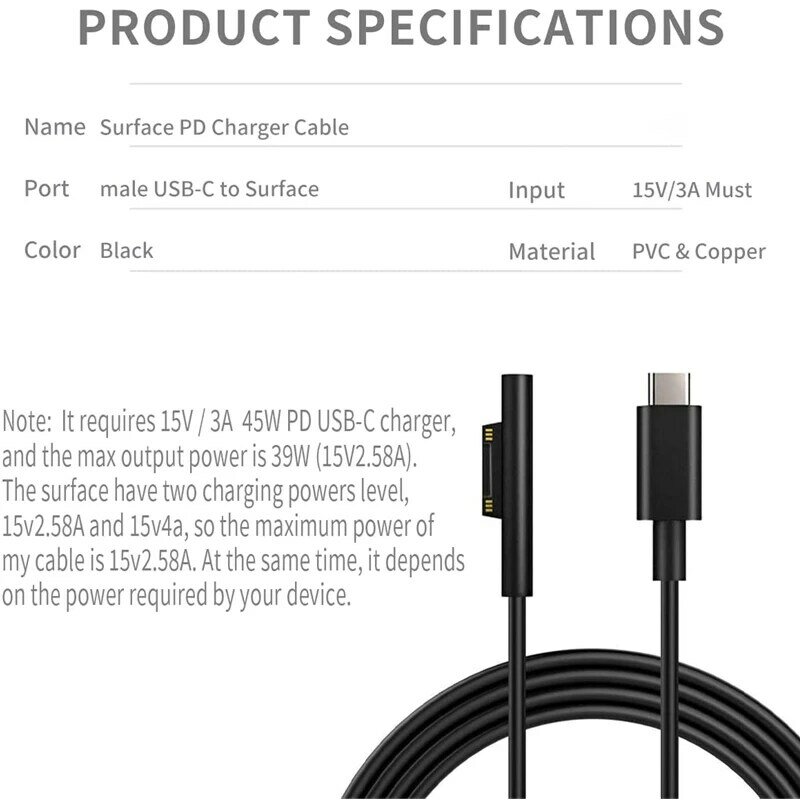 USB-C Cabo de carregamento para Surface Pro, 15V, 3A, Cabo de carga, 45W Carregador PD, Surface Pro 7, 6, 5, 4, 3, Go3, 2, 1, laptop4, 3, 2, 1