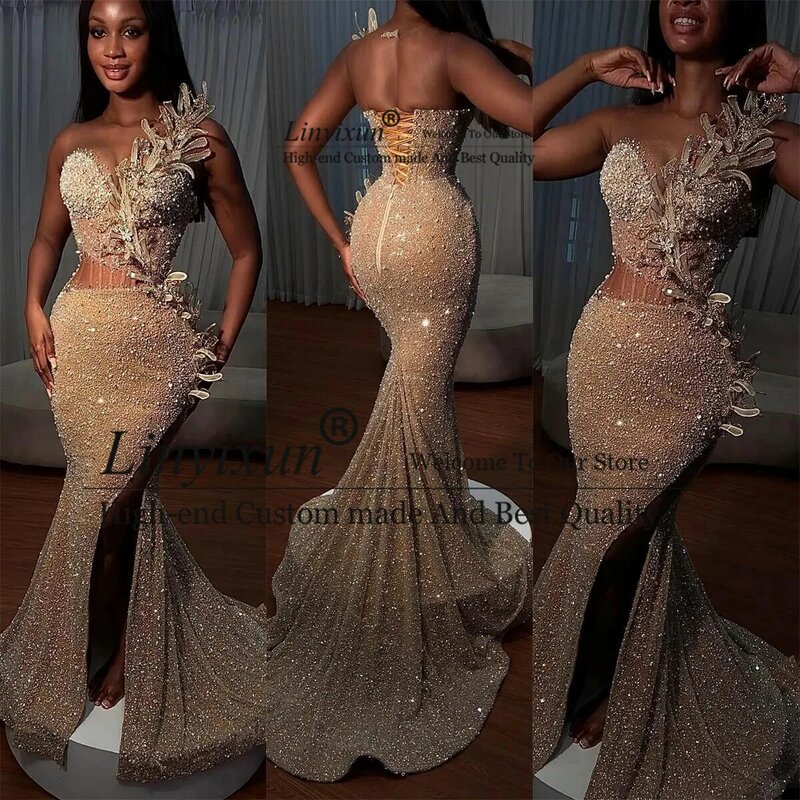 Sparkly Beaded Floral Mermaid Prom Dress Sexy High Slit Sequin Beaded Shiny Formal Evening Party Gowns Dubai Arabic Robe De Bal