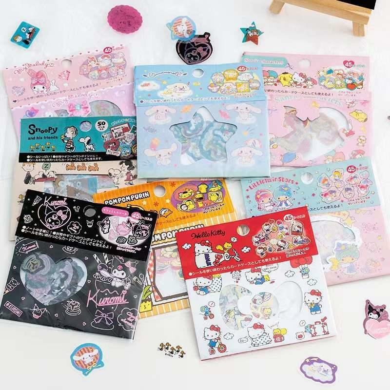 Pegatina decorativa Sanrio, paquete de Pegatinas transparentes de PVC, Kawaii japonés, HelloKitty, Kuromi, Cinnamoroll