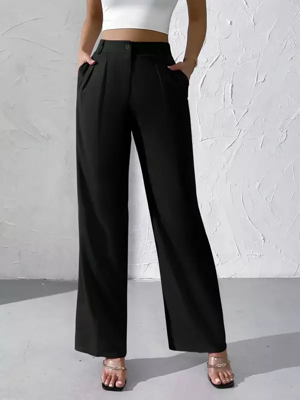 YEAE High Waist Decorative Pleated Women's Wide Leg Pants Simple Comfortable Loose Straight Trousers All Season Pants 2024 New
