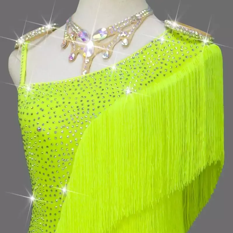 Latin Dance Dress Latin Skirt Competition Dress Costumes Performing Practice Skirt Customize Adult Kids Lady Fluorescent Yellow