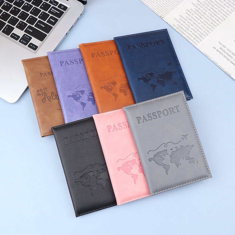 Sarung kartu kulit PU uniseks, dompet hadiah paspor perjalanan tipis ramping dunia modis sederhana baru
