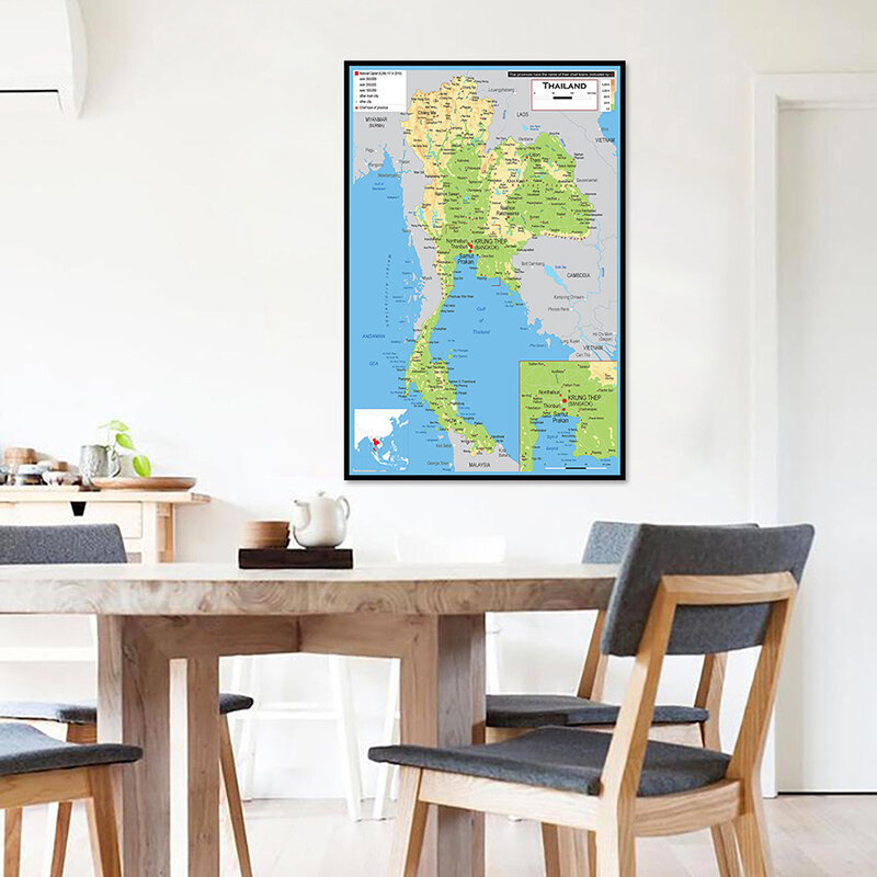 Póster de tamaño pequeño con mapa de Tailandia para decoración del hogar, impresión artística de pared para sala de estar, suministros de enseñanza escolar, 42x59cm