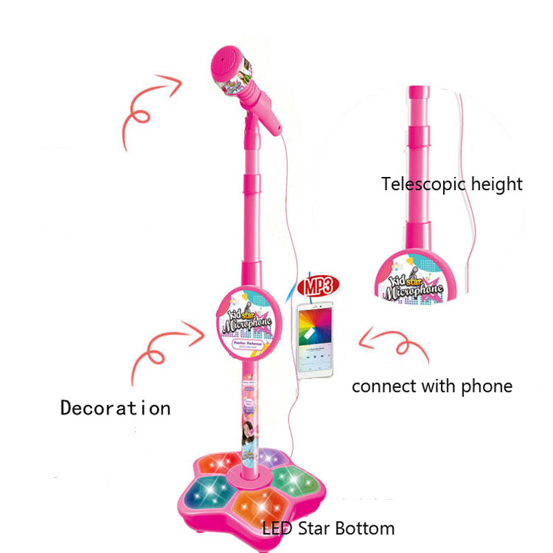Microphone de karaoké réglable avec LED, poignées de musique amovibles, simulation de jeu pour enfants, chanson de chant pour bébé, jouet allergique avec téléphone, 3 couleurs