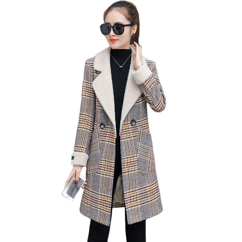 Outono inverno jaqueta feminina agradável pop xadrez misturado casaco de lã moda feminina casual fino casaco de lã outerwear feminino