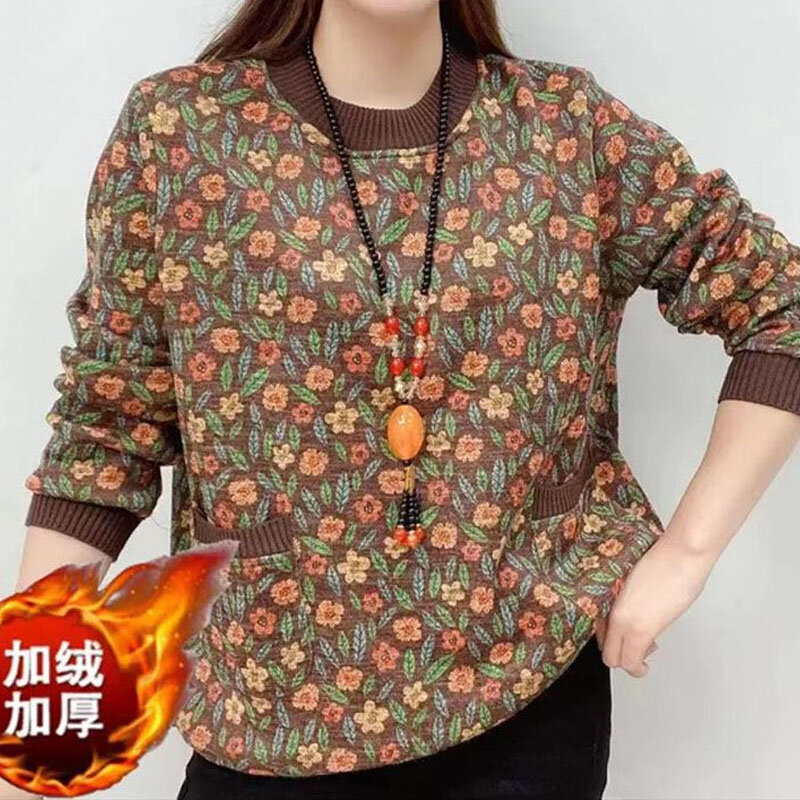 Vintage Fashion Thick Printed Round Neck Tops Female Korean Long Sleeve Pockets Pullovers T-shirt Women's Clothing Autumn Winter