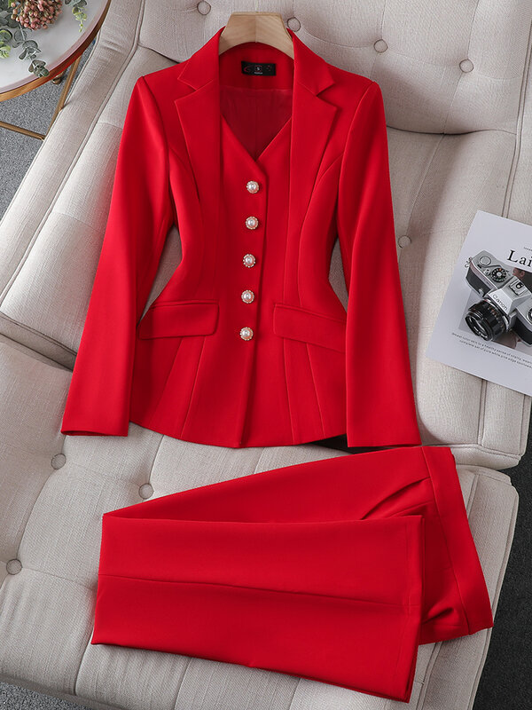 Moda biały czerwony czarny żakiet z dzianiny dresowej i garnitur ze spodniami spodnie damskie kobiece biurowa, damska odzież do pracy formalne 2 częściowy zestaw