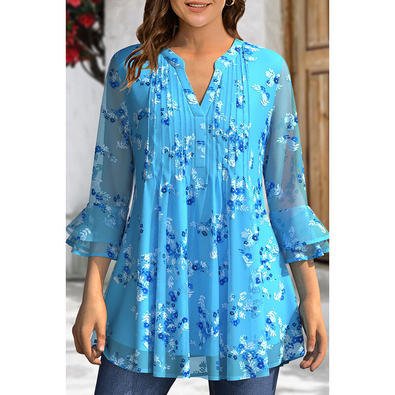 Plus Size Dressy Blue Chiffon Floral Print Pleated Double Layer Ruffled Cuff 3/4 Sleeve Blouse