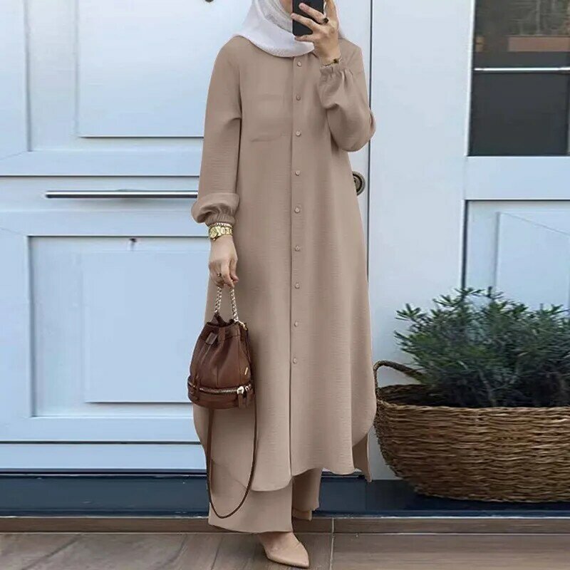 Arabia Abaya 'S Voor Vrouwen Mode O-Hals Lange Mouw Moslim Abaya Vintage Solid Single-Breasted Gewaad Femme Turkey Vestido Kaftan