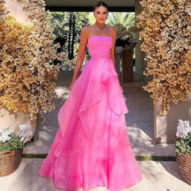 Simple Hot Pink Ruffles Organza Prom Dresses Pleated Strapless Women Formal Evening Dress Special Party Gowns Bridesmaid CL-548