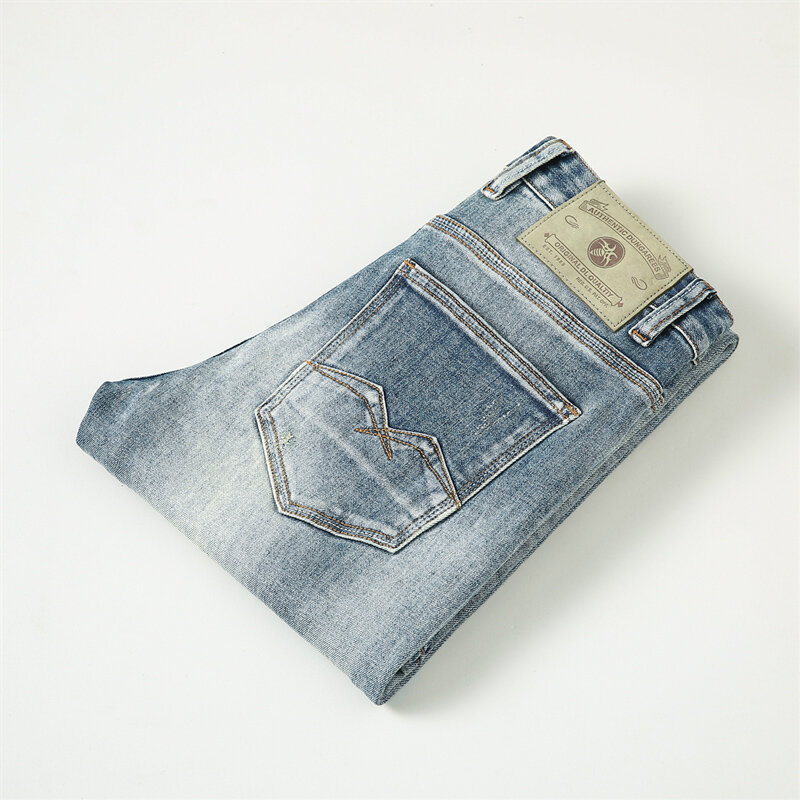 Джинсы мужские Стрейчевые в стиле ретро, дизайнерские Синие рваные джинсы Slim Fit, повседневные винтажные штаны из денима