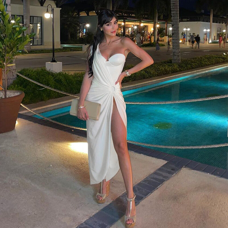 Женское ажурное пляжное платье-миди на одно плечо, без рукавов, белые сексуальные платья Y2K, облегающее вечернее платье с разрезом для ночно...