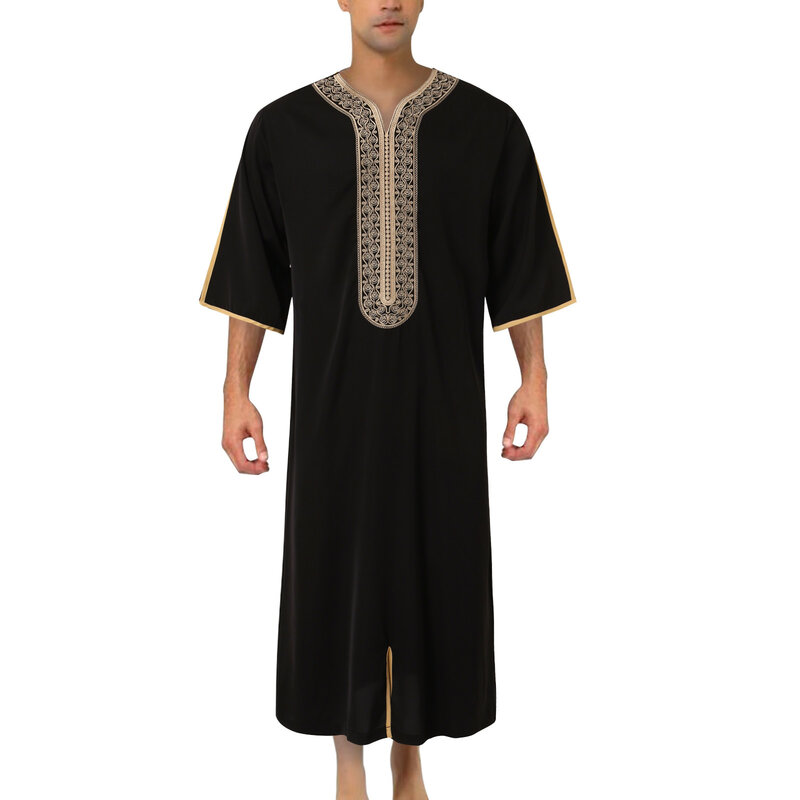 ثوب إسلامي فضفاض للرجال ، روب بأكمام متوسطة ، رقبة واحدة ، روب إسلامي ، عربي ، دبي ، الشرق الأوسط ، صلب ، صيف