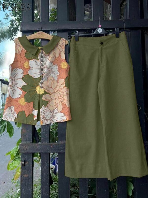 ZANZEA-Tops florais sem mangas vintage e calças de perna larga para mulheres, calças combinando, roupas casuais, férias de verão, 2 peças