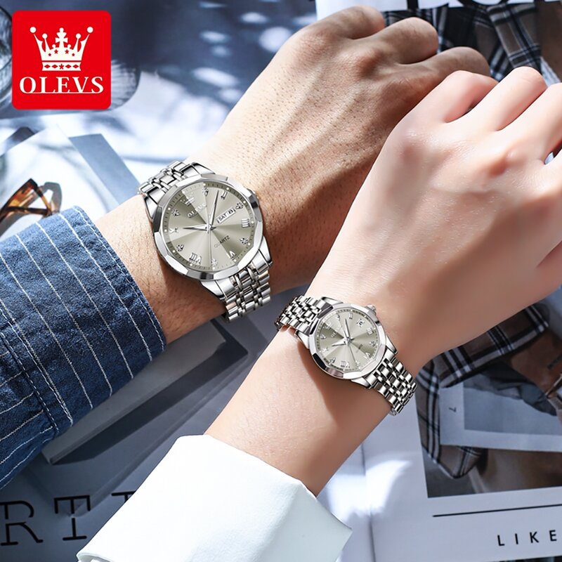 OLEVS zegarki dla par Trend w modzie oryginalny zegarek kwarcowy jego i jej wodoodporna świecąca data tydzień prezent na rocznicę kochanka nowość