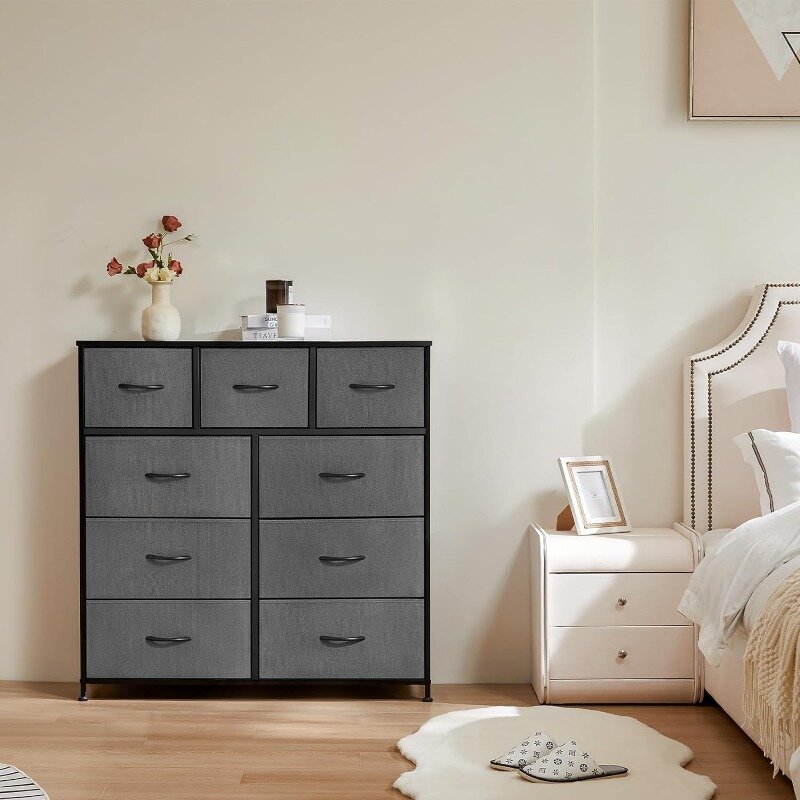 Dresser for Bedroom with 9 Fabric Drawers, Tall Chest Organizer Units for Clothing, Closet, Kidsroom, Storage Tower
