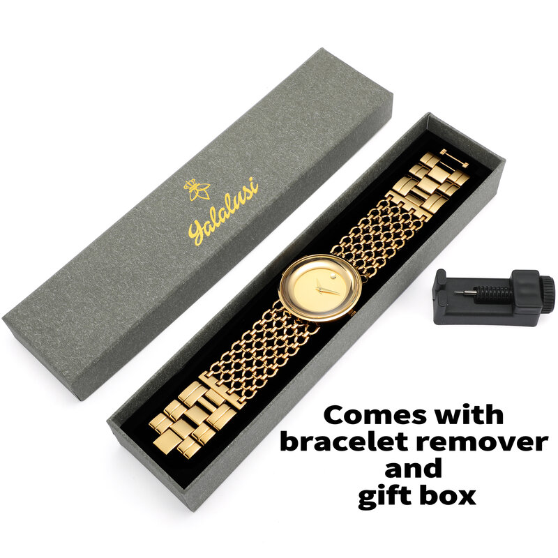 YaLaLuSi-relojes de marca para mujer, pulsera con carcasa dorada y cara negra, estilo Simple, en caja, 2024