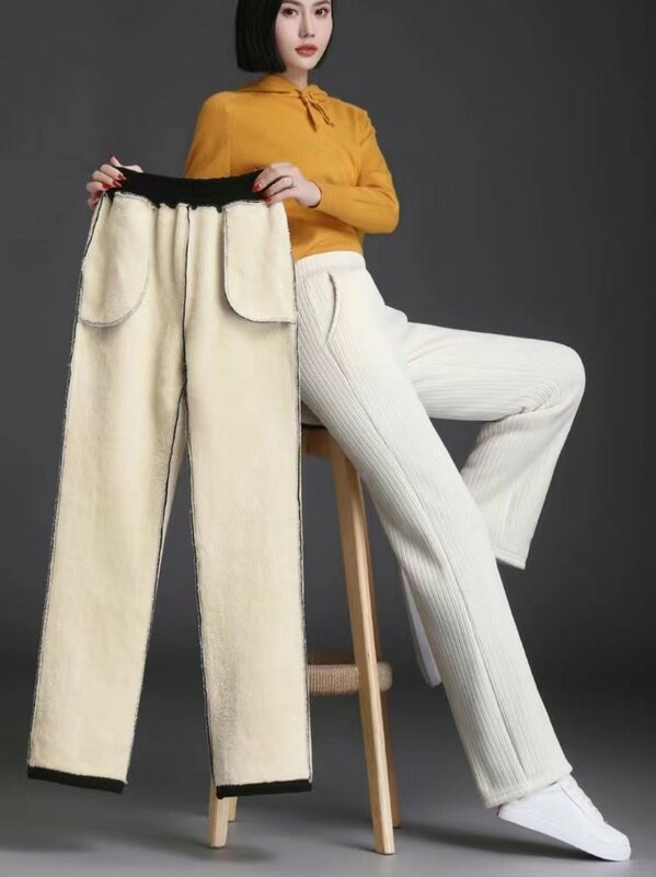 Zimowe spodnie damskie z szerokimi nogawkami Plus aksamitne spodnie dla kobiet 2024 zagęszczone spodnie damskie koreańskie workowate spodnie damskie eleganckie spodnie