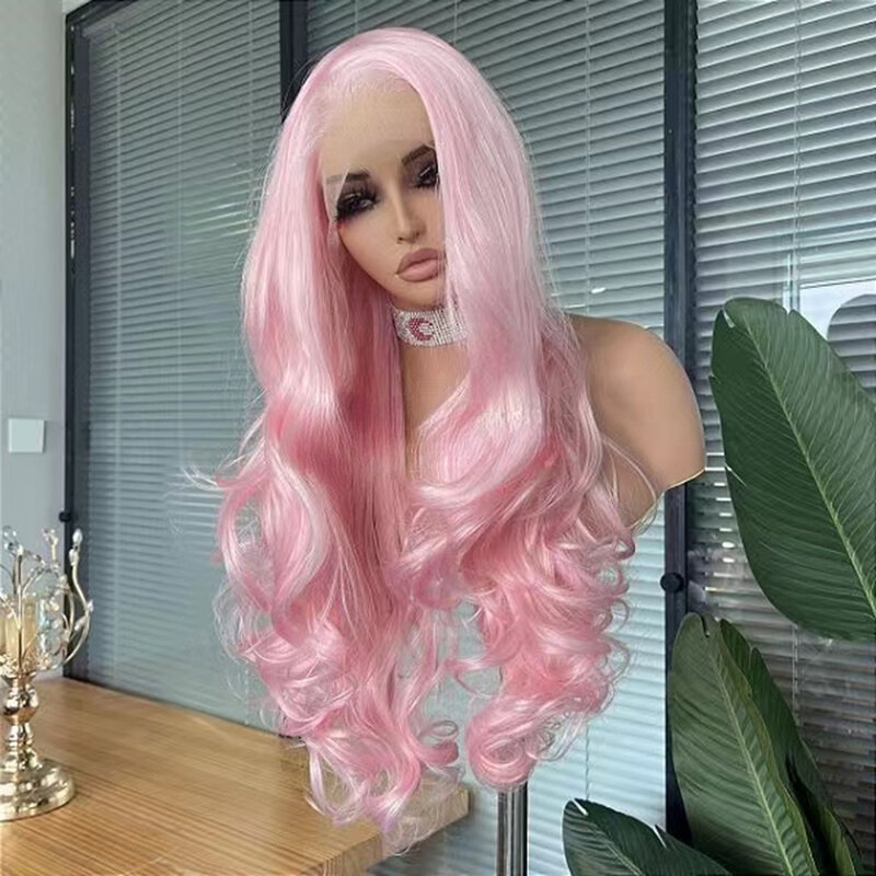 WIF długie ciało falujące kolor jasnoróżowy włosy peruka ciało faliste naturalną linią włosów różowe włosy włókno termoodporne syntetyczna koronka przednie peruki