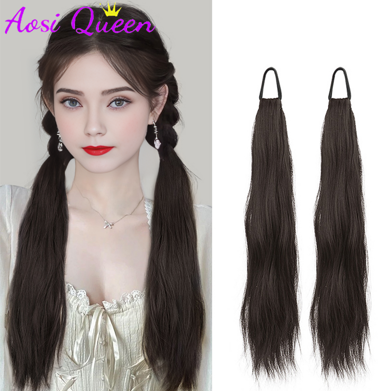 AOSI Synthetic Ponytail Wig Slightly Curly Hair With Elastic Band Double Ponytail Wig Can Be Tied Into High And Low Ponytails