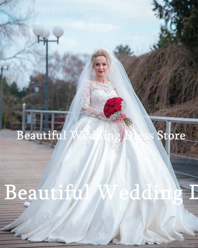 Neues Luxus-Brautkleid für Frauen O-Ausschnitt Langarm Spitzen applikationen A-Linie Satin bodenlangen Vestidos de Novia Brautkleid