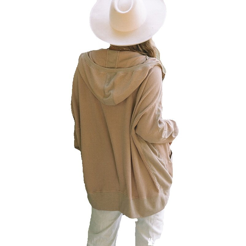 Jaqueta de malha de waffle feminina, blusa de manga comprida, quente, cor sólida, simples, outono, nova