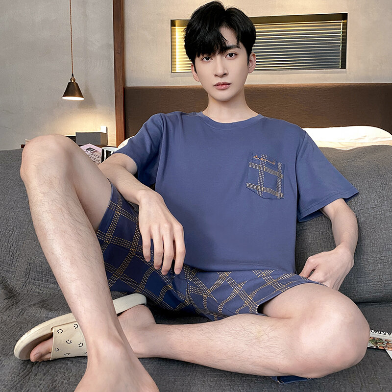 Summer Mens Plus Size Lounge Wear Fashion Cotton Pajamas Short Sleeve Pj Set Printed Stylish Plaid Homewear 3xl 4xl Nightwear
