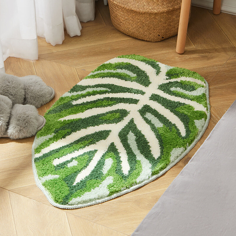 Alfombra de racimo de plantas irregulares, Alfombra de hoja de plátano, alfombra de felpa suave, absorbente, alfombra de piso de sala de estar, alfombra esponjosa verde