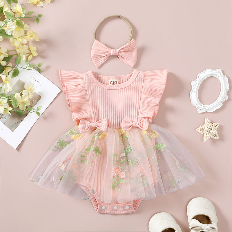 Visogo-ノースリーブの女の子のロンパース、花の刺,、チュールのスカート裾、幼児のボディスーツ、ヘッドバンド付きの夏の服