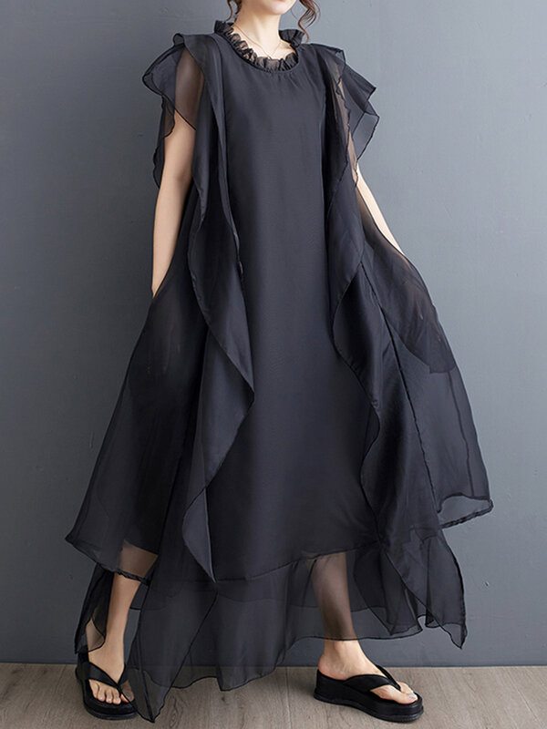 Xitao-女性用ガーゼパッチワークドレス、フラローエッジ、ラウンド、不規則、ノースリーブ、単色、気質、プルオーバー、wld20132