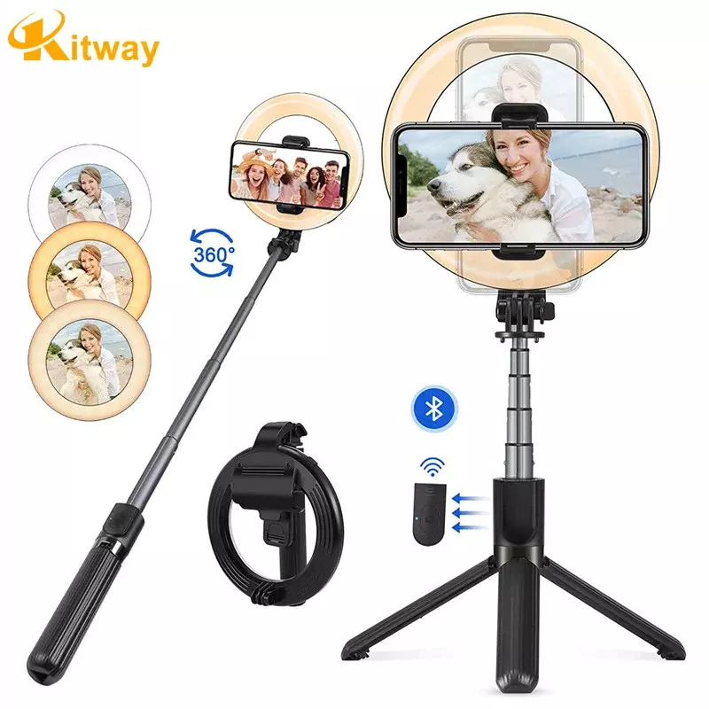 Kitway tripod tongkat selfie, untuk ponsel pintar Desktop fleksibel dapat dilipat dengan lampu pengisi LED dapat diredupkan