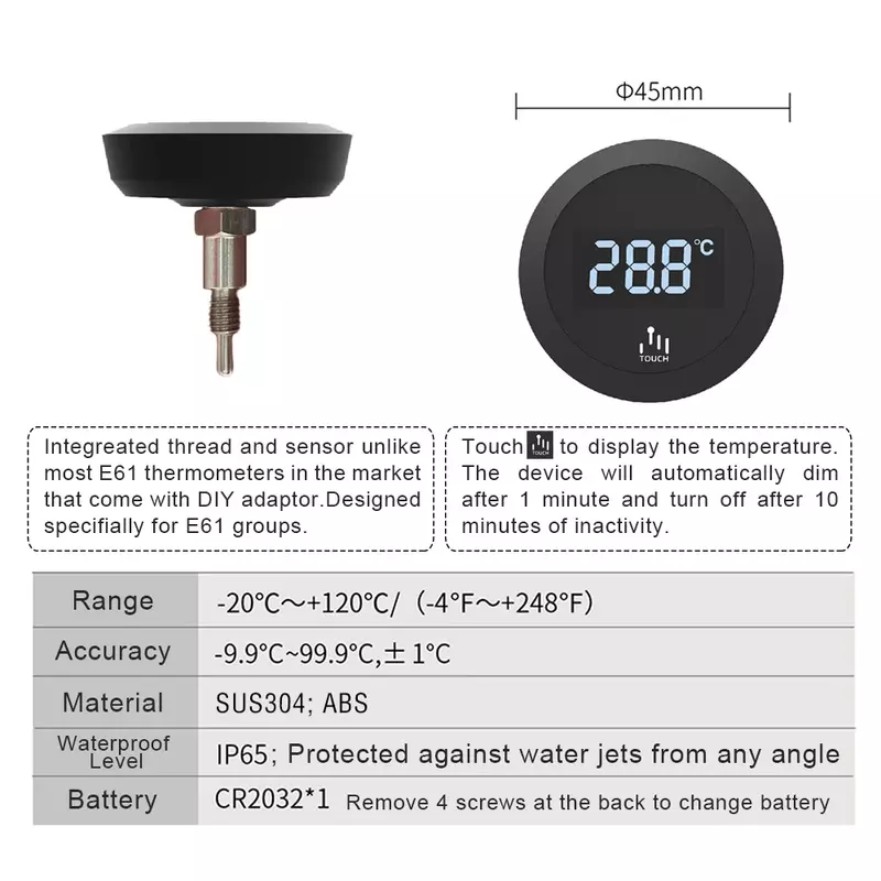 Thermometer for E61 Group Coffee Machines Precision Monitoring Touch Background Light