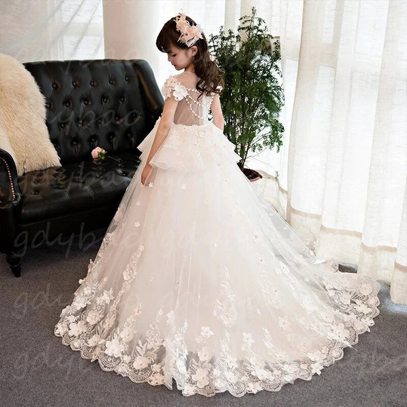 Flower Girl Dress For Wedding Lace Applique Layered Beading Tulle Puffy Elegant Child's First Eucharistic Birthday Party Dresses