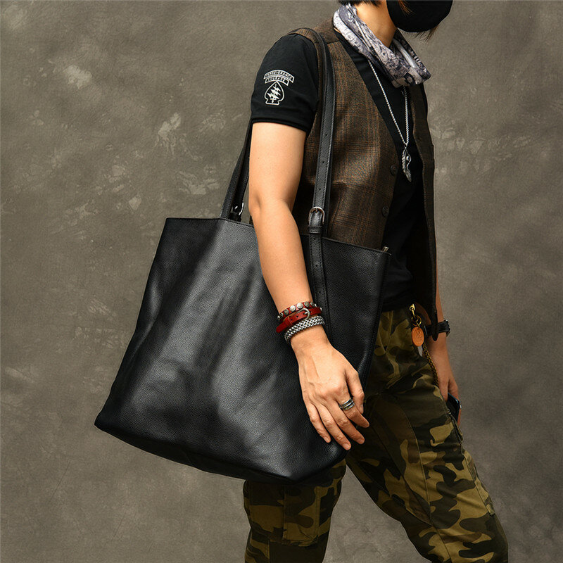 Вместительная мужская сумка-тоут из натуральной кожи, модная повседневная простая черная сумочка на плечо из мягкой воловьей кожи