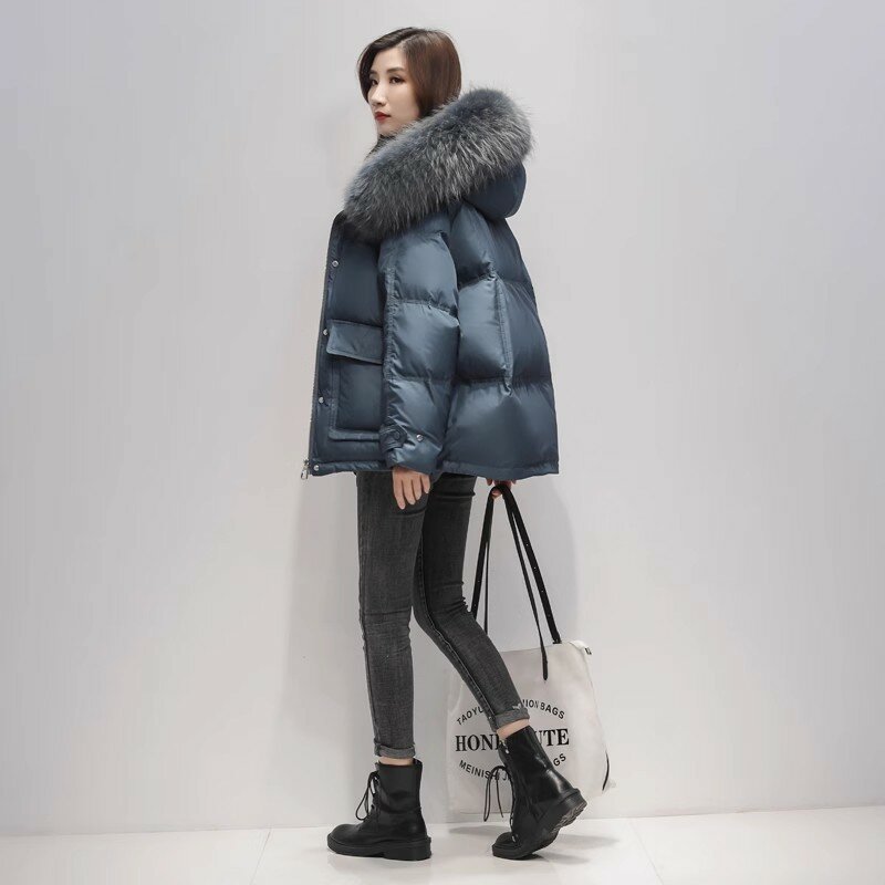 High Quality White Duck Down Jacket Women's Short Coat Winter New Real Raccoon Fur Collar Hooded Outwear Female Thicken Parkas
