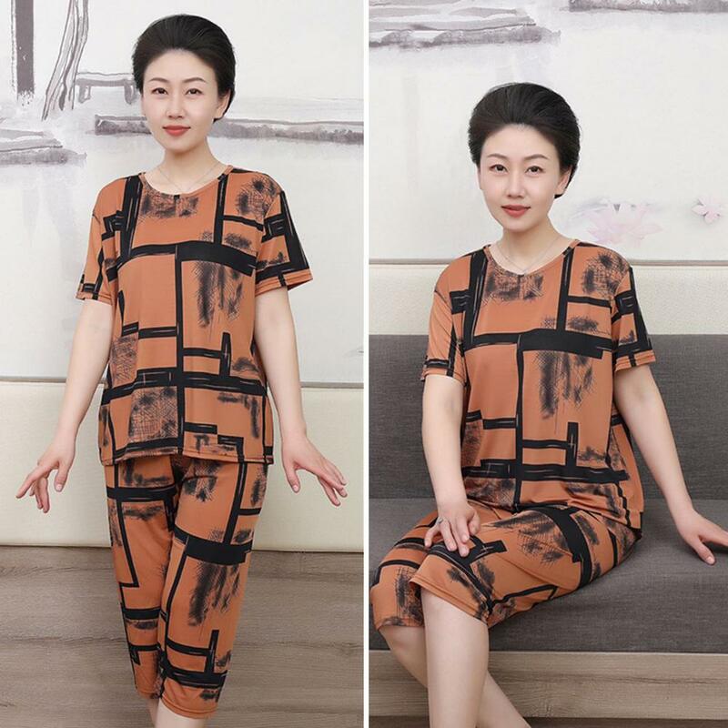 Summer Sleepwear Ethnic Style Women's T-shirt Pants Set with Printed Top Cropped Trousers for Casual Sport Outfit 2 Pcs/set