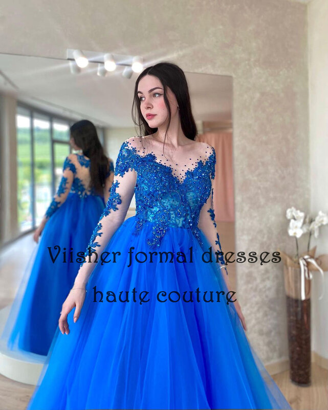 Viisher gaun pesta gaya Blue Tulle, gaun malam mewah manik-manik leher O lengan panjang dengan kereta pesta model putri