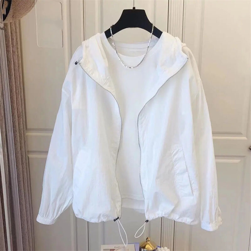 Kardigan hoodie wanita, atasan kaus tabir surya bertudung warna polos, mantel pendek serbaguna gaya Korea 2024
