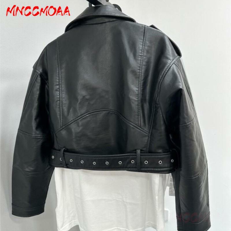 MNCCMOAA-Jaquetas de motociclista de couro sintético macio com cinto, casaco vintage, outwear curto casual, moda feminina de alta qualidade, Novo, 2022