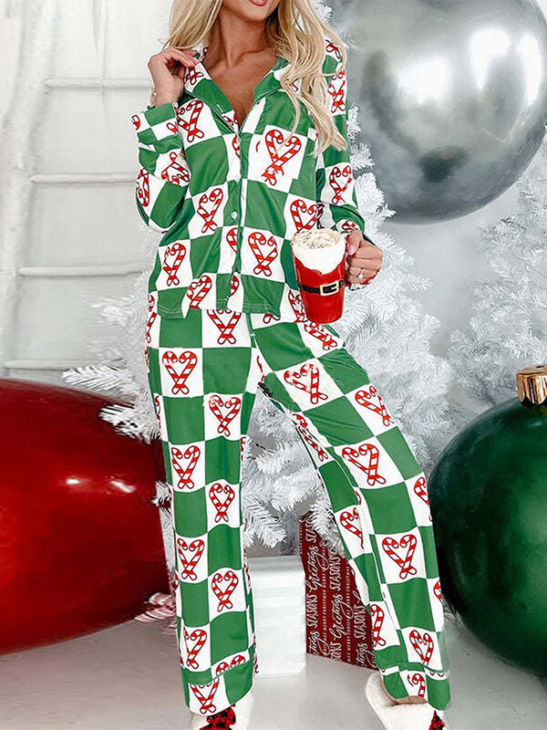 여성용 크리스마스 잠옷 라운지 세트, 체크 보드 캔디 케인 프린트, 긴팔 셔츠, 상의 및 바지, 라운지웨어 의상, 2 피스