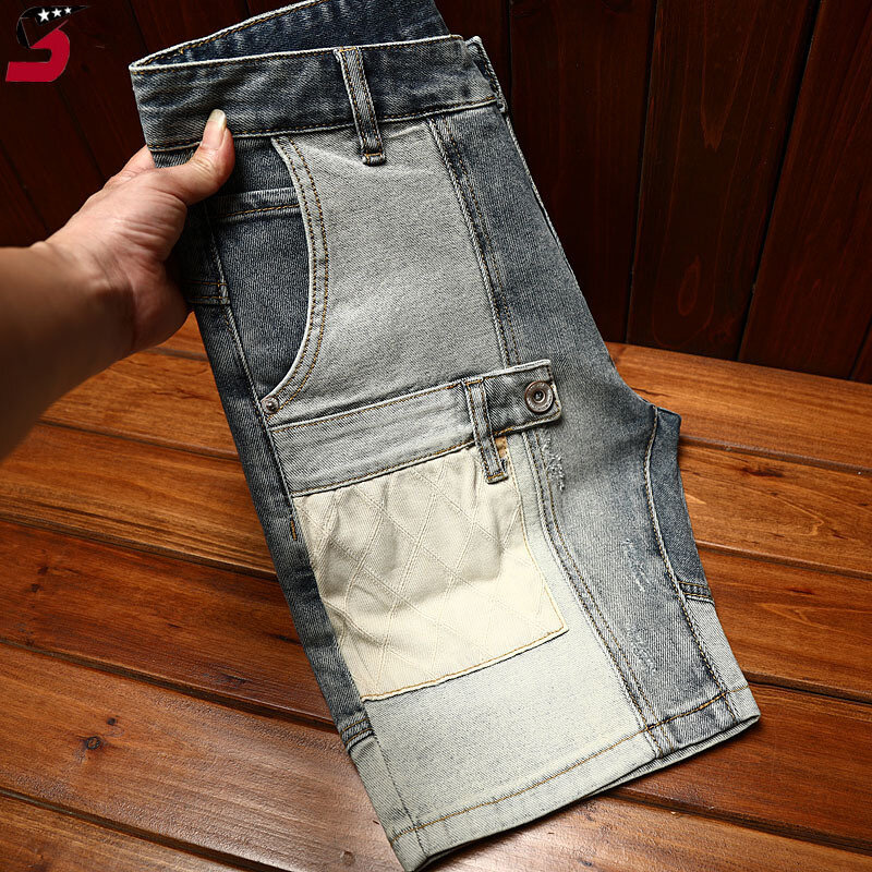Джинсовые шорты для мужчин 2024summer, модные повседневные Стрейчевые укороченные брюки с прострочкой в стиле ретро