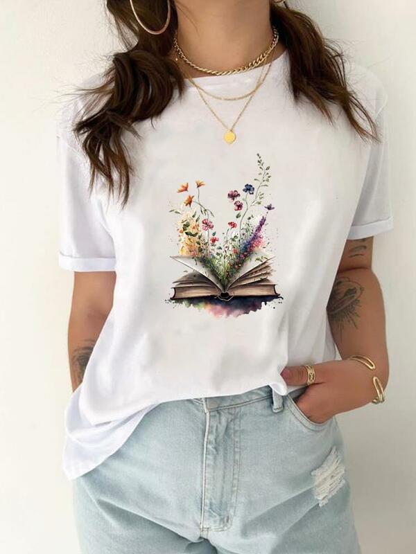 Kaus lengan pendek motif buku bunga, baju atasan wanita motif grafis, lengan pendek kasual lucu