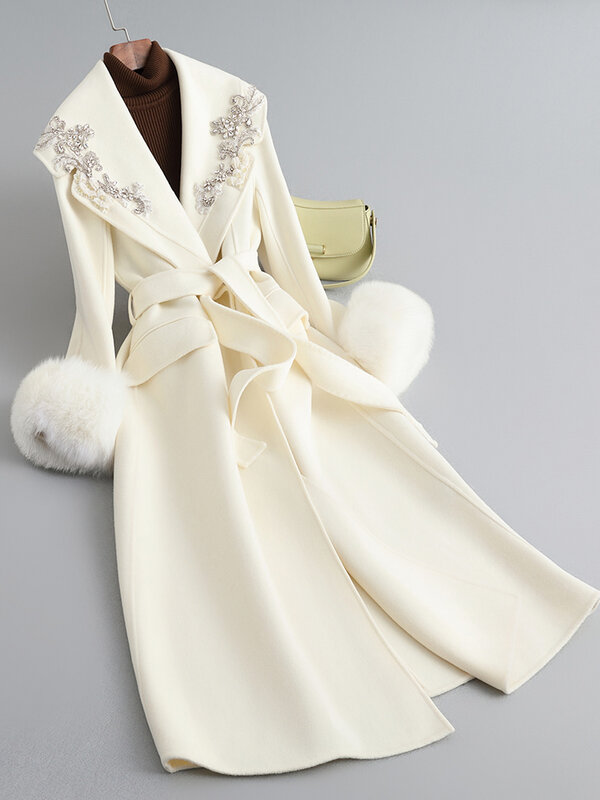 Женское шерстяное кашемировое пальто 2023, женские высококачественные манжеты из лисьего меха, тяжелая промышленная шерстяная шуба, одежда средней длины