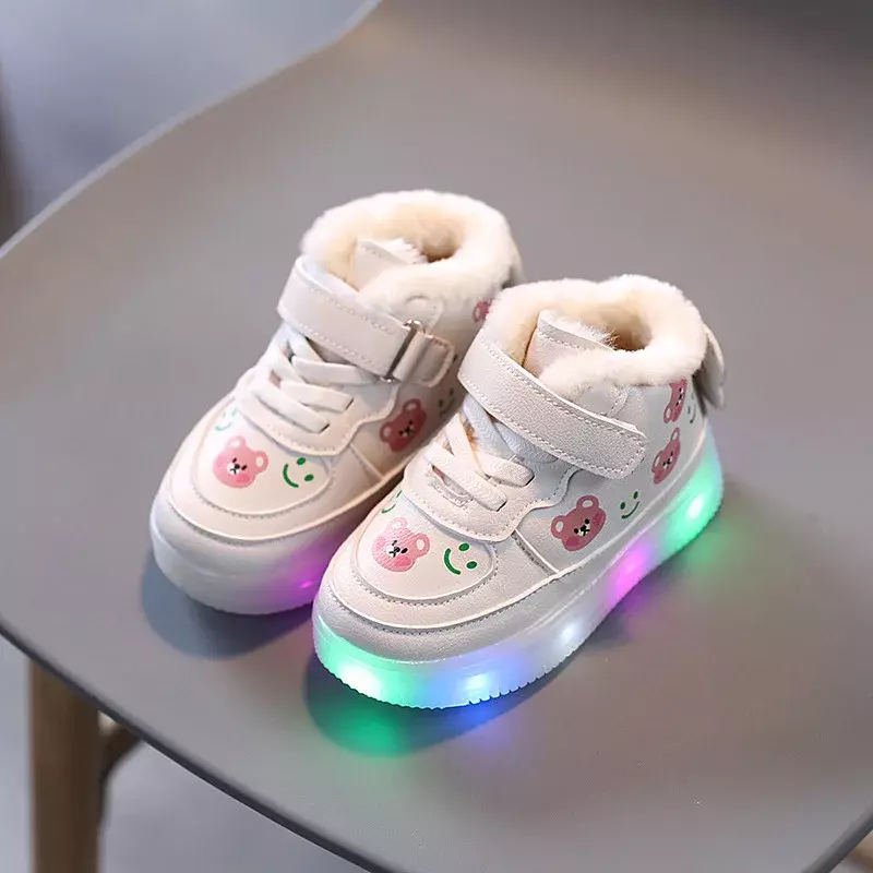 Детская Хлопковая обувь для девочек со светодиодной подсветкой, плюшевая обувь, зимняя Нескользящая спортивная обувь с высоким верхом, светящиеся Детские повседневные кроссовки