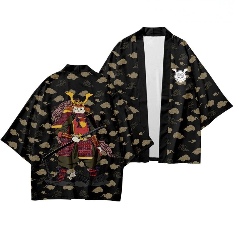 Kimono japonês samurai yukata para homens e mulheres, camisa estampa de gato, roupas harajuku, cardigã, haori tradicional, camisa