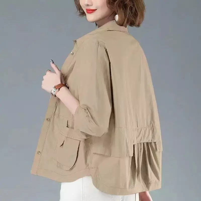 Jaket atasan lengan panjang untuk wanita, jaket atasan warna polos berkancing sebaris, jaket kasual longgar lengan panjang untuk wanita