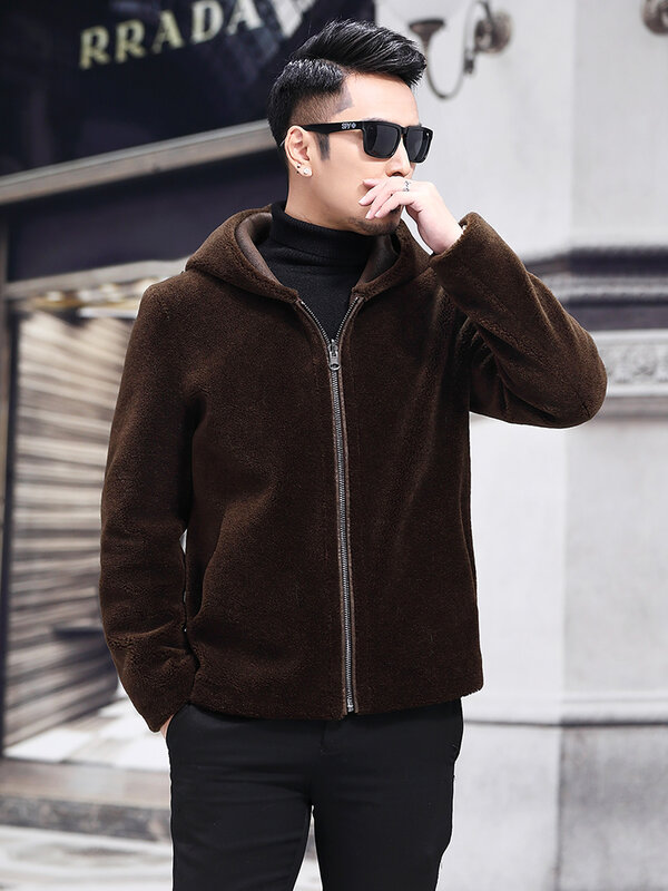 2023 zimowa męska nowa modna prawdziwe futro ciepłe kurtki męska krótka codzienna płaszcze z kapturem męska prawdziwa kurtki futrzane owcza P477